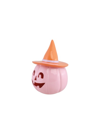 CITROUILLE RESINE ROSE PASTEL AVEC CHAPEAU ORANGE SUMMERWEEN 12.5CM X 12.3CM X 17CM