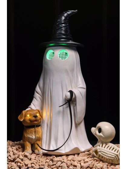 POLYRESIN GHOST WITH DOG LED MOVING EYES 23.5CM X 20CM X 45.5CM