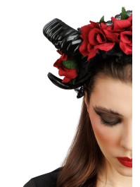 SERRE-TETE MALEFIQUE DENTELLE CORNES NOIRES ROSES ROUGES 30CM X 10.5CM X 16CM