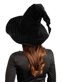BLACK VELVET WITCH HAT WITH DIAMONDS 40CM X 40CM X 34CM