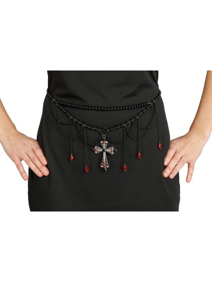 CEINTURE PERLES NOIRES ET CROIX 70CM X 0.5CM X 16CM