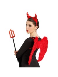 SET TEUFEL ROT - 3 PCS FLÜGEL HAARREIF DREIZACK AILES: 60CM X 42CM X 2CM
TRIDENT: 7.5CM X 1CM X 53CM