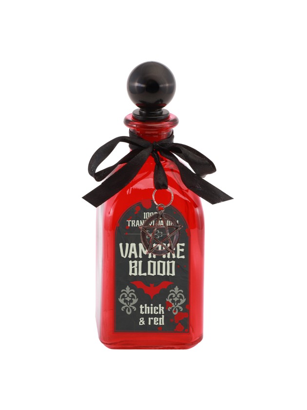 RED GLASS SQUARE BOTTLE VAMPIRE BLOOD 6.3CM X 6.3CM X 17CM