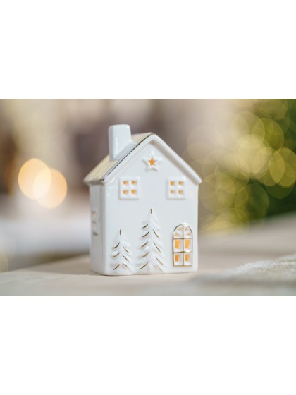 MAISON CERAMIQUE PHOTOPHORE BLANC ET OR 9.1CM X 7CM X 13CM