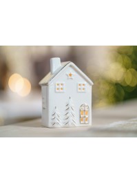 MAISON CERAMIQUE PHOTOPHORE BLANC ET OR 9.1CM X 7CM X 13CM