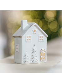 HAUS KERAMIK WINDLICHT WEISS UND GOLD 9.1CM X 7CM X 13CM