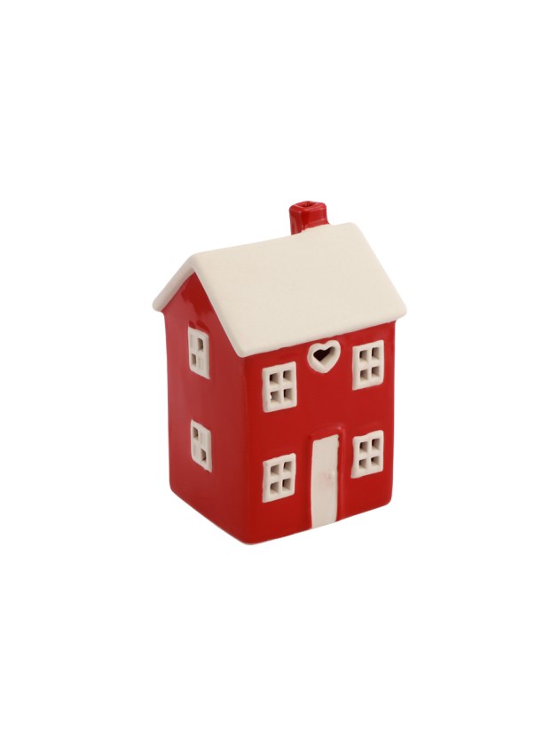 MAISON CERAMIQUE PHOTOPHORE ROUGE ET BLANC 9.6CM X 8.5CM X 15CM