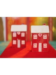 MAISON CERAMIQUE PHOTOPHORE ROUGE ET BLANC 9.6CM X 8.5CM X 15CM