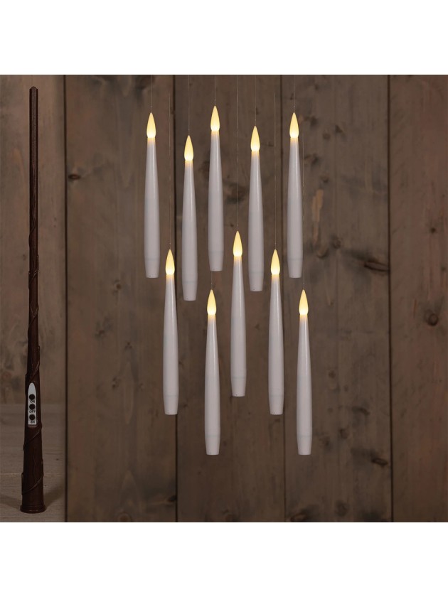 10 BOUGIES BLANCHES LED FLOTTANTES AVEC BAGUETTE MAGIQUE BOUGIE: 1.5CM X 1.5CM X 15CM BAGUETTE: 2CM X 2CM X 35CM
