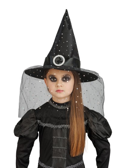GLITTER AND BUCKLE KID BLACK WITCH HAT 35.5CM X 35.5CM X 33CM