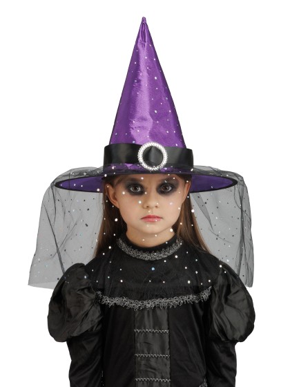 CHAPEAU DE SORCIERE VIOLET BOUCLE ET PAILLETTES ENFANT 35.5CM X 35.5CM X 33CM