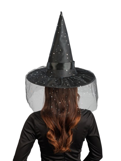 CHAPEAU DE SORCIERE NOIR BOUCLE ET PAILLETTES ADULTE 41CM X 41CM X 37CM