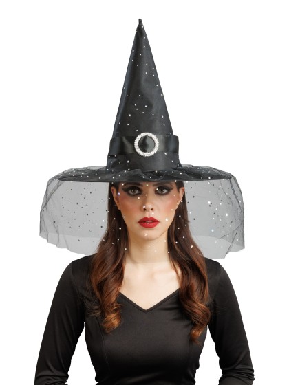 GLITTER AND BUCKLE ADULT BLACK WITCH HAT 41CM X 41CM X 37CM