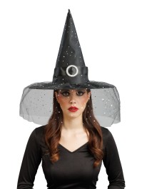 CHAPEAU DE SORCIERE NOIR BOUCLE ET PAILLETTES ADULTE 41CM X 41CM X 37CM