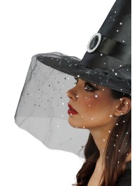 CHAPEAU DE SORCIERE NOIR BOUCLE ET PAILLETTES ADULTE 41CM X 41CM X 37CM