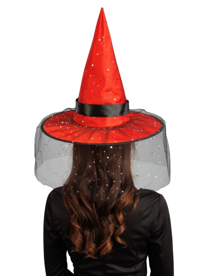 CHAPEAU DE SORCIERE ROUGE BOUCLE ET PAILLETTES ADULTE 41CM X 41CM X 37CM