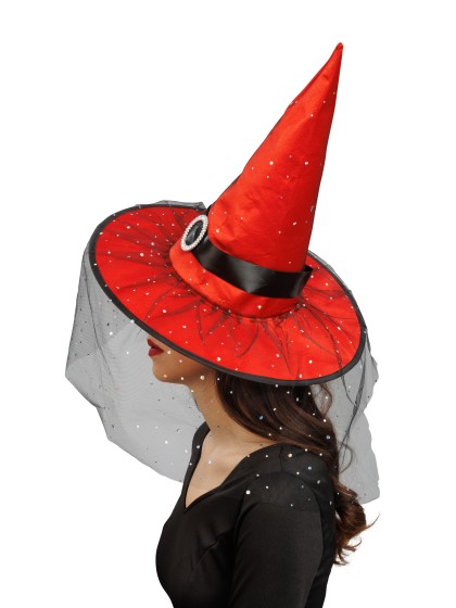 CHAPEAU DE SORCIERE ROUGE BOUCLE ET PAILLETTES ADULTE 41CM X 41CM X 37CM