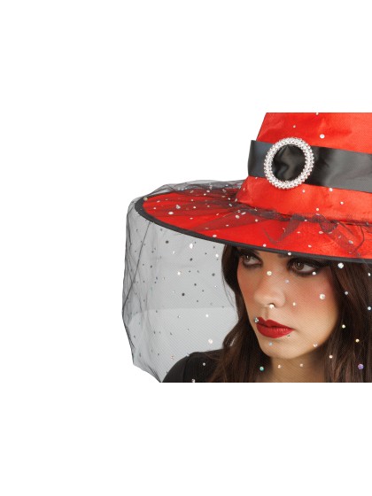 CHAPEAU DE SORCIERE ROUGE BOUCLE ET PAILLETTES ADULTE 41CM X 41CM X 37CM