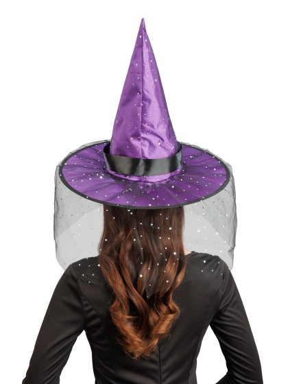 CHAPEAU DE SORCIERE VIOLET BOUCLE ET PAILLETTES ADULTE 41CM X 41CM X 37CM
