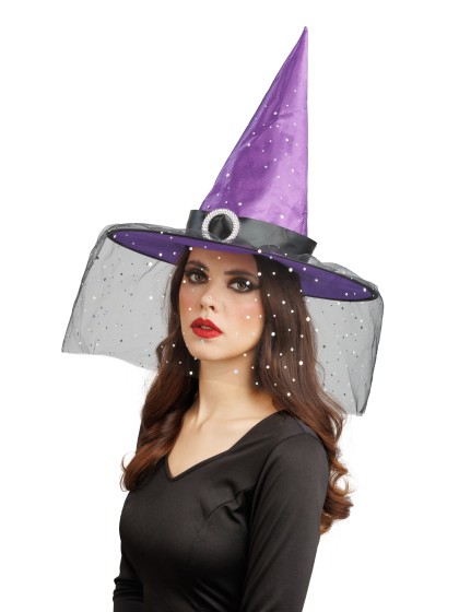 CHAPEAU DE SORCIERE VIOLET BOUCLE ET PAILLETTES ADULTE 41CM X 41CM X 37CM