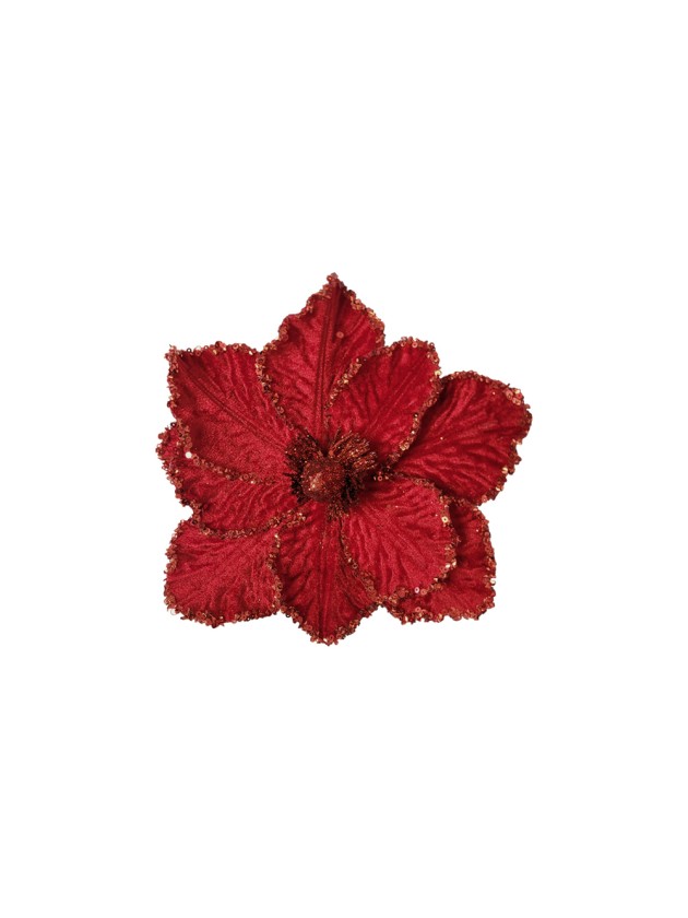 RED SEQUINS POINSETTIA WITH CLIP DIA 24CM X 16CM