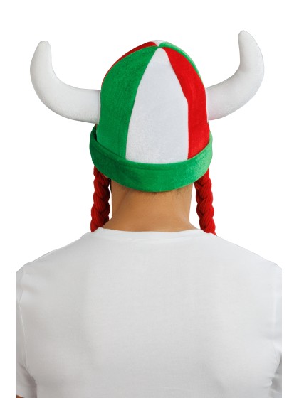 GREEN WHITE RED HORNS AND BRAIDS FABRIC HELMET 34CM X 4.5CM X 56CM