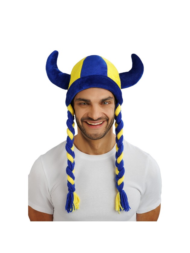 HELM STOFFE HÖRNER UND ZÖPFE FAN BLAU UND GELB 34CM X 4.5CM X 56CM