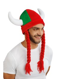 RED AND GREEN HORNS AND BRAIDS FABRIC HELMET 34CM X 4.5CM X 56CM