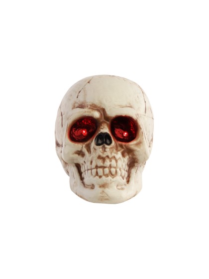 TETE DE MORT PLASTIQUE AVEC LED YEUX ROUGES 11CM X 16CM X 13CM
