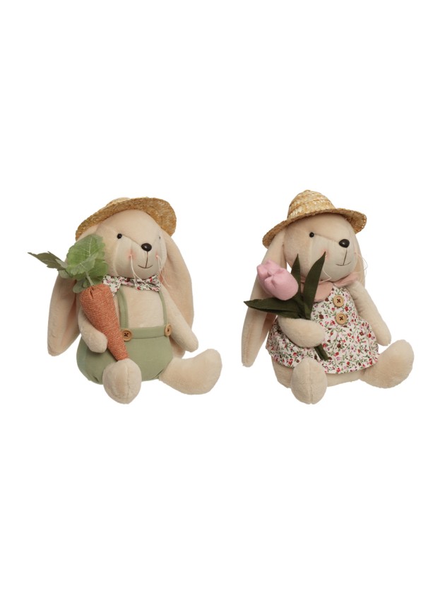 LAPIN ASSIS AVEC CHAPEAU DE PAILLE ALEX 2 ASSORTIS 23CM X 18CM X 28CM