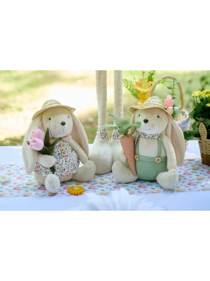LAPIN ASSIS AVEC CHAPEAU DE PAILLE ALEX 2 ASSORTIS 23CM X 18CM X 28CM