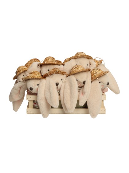 MINI LAPIN AVEC CHAPEAU DE PAILLE ALEX 2 ASSORTIS 9CM X 8CM X 15CM