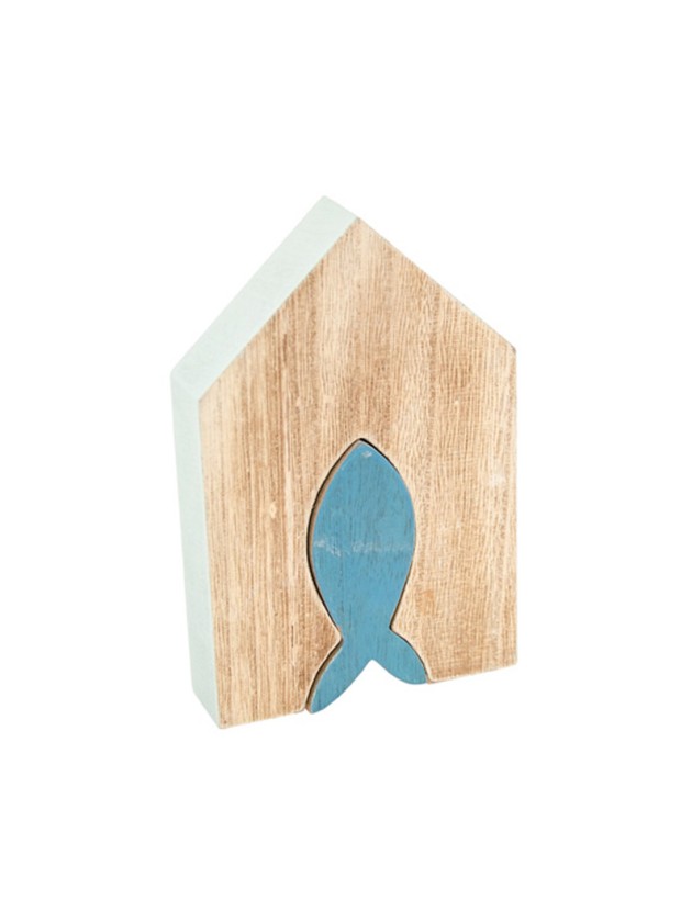 HAUS HOLZ FISCH BLAU 15CM X 9.5CM X 2.5CM