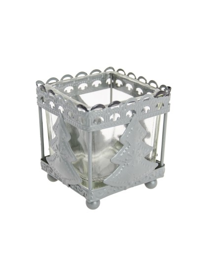 WINDLICHT QUADRATISCH METALL MIT GLAS GRAU DUNKEL 6.5CM