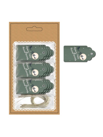 CARTE 12 ETIQUETTES JOYEUX NOEL GRIS AV OEILLET ET LIEN 6CM X 3CM