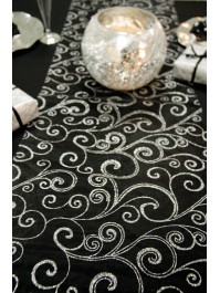 BLACK SILVER GLITTERED ORGANZA ARABESQUE TABLE RUNNER 36CM X 5M