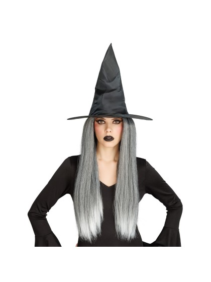 CHAPEAU DE SORCIERE AVEC PERRUQUE CHAPEAU: 39CM X 39CM X 32CM LONGUEUR CHEVEUX: 55CM