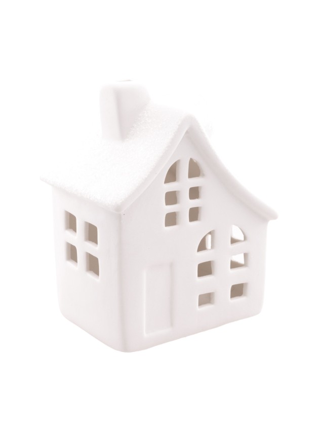 MAISON CERAMIQUE BLANC TOIT PAILLETTE LEDS 7.5CM X 6CM X 10CM