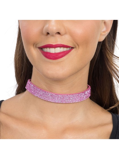 COLLIER RAS DE COU STRASS ROSE 40CM X 1.7CM