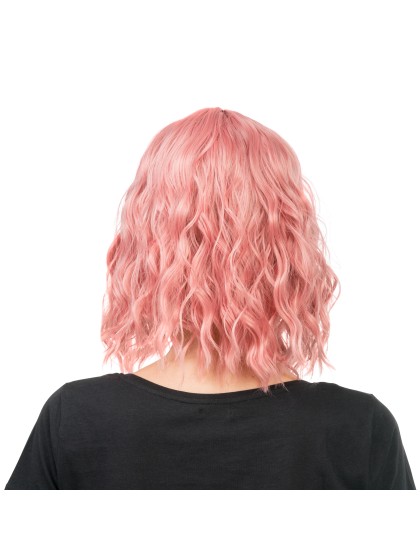 PERRUQUE TESSA CHEVEUX COURTS ONDULES AVEC FRANGE ROSE PASTEL 35CM