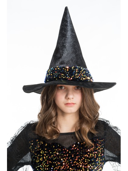 SORCIERE LUCINDA ORANGE A SEQUINS AVEC CHAPEAU 2 PIECES 152CM