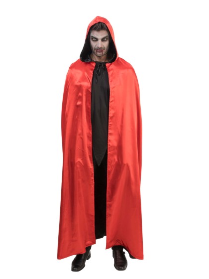 ADULT REVERSIBLE BLACK AND RED SATIN CAPE WITH HOOD ONE SIZE - 150CM