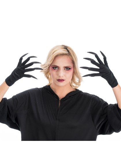 HALLOWEEN BLACK GLOVES GLITTERED BLACK NAILS 