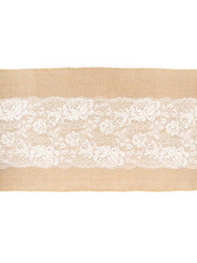 CHEMIN DE TABLE JUTE NATUREL DENTELLE BLANC 28CM X 3M