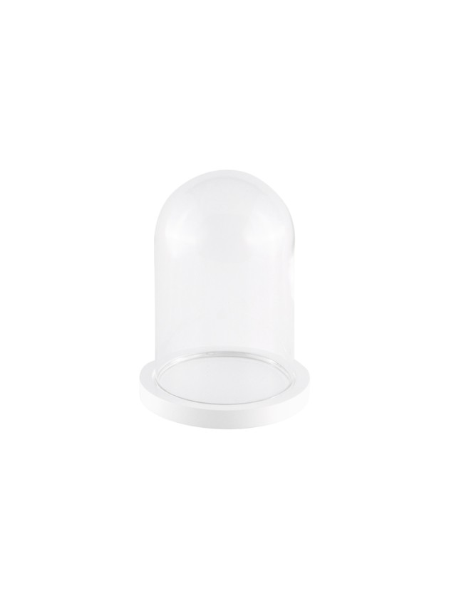 CLOCHE VERRE SUR SUPPORT BOIS BLANC DIA 10CM X 13.7CM