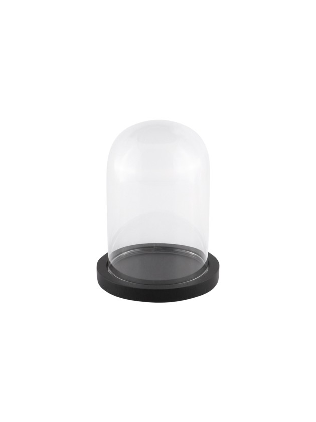 GLOCKE GLAS AUF SCHWARZEN HOLZSTÄNDER DIA 10CM X 13.7CM