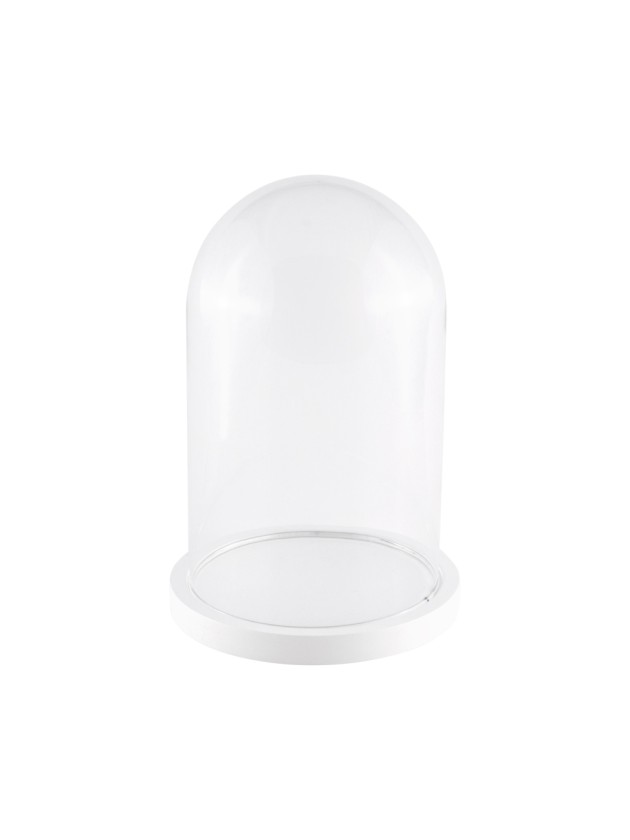 CLOCHE VERRE SUR SUPPORT BOIS BLANC DIA 14CM X 21CM