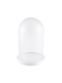 CLOCHE VERRE SUR SUPPORT BOIS BLANC DIA 14CM X 21CM