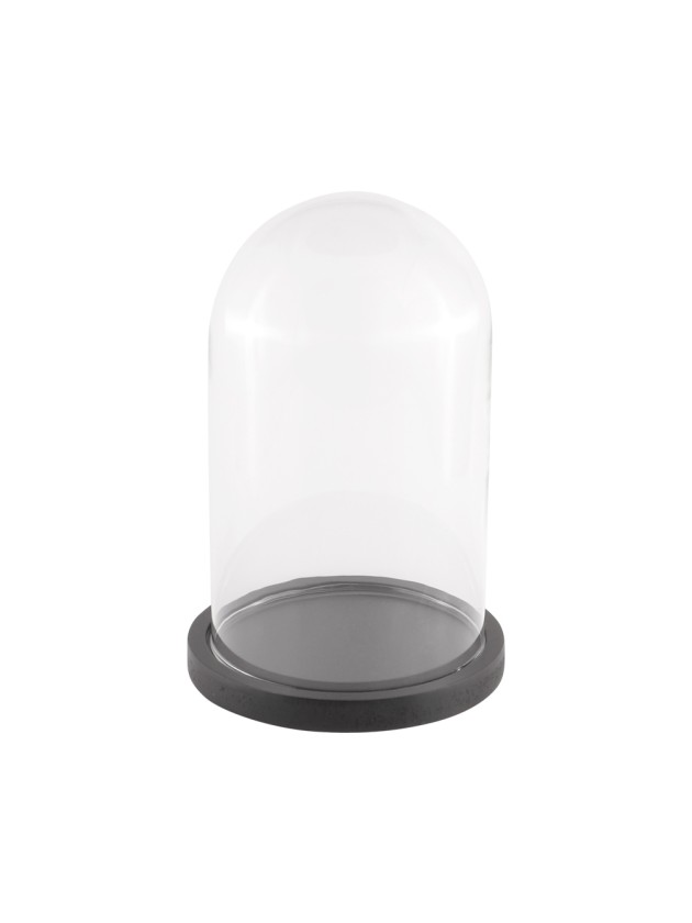 GLASS COVER ON WOODEN BLACK BASE DIA 14CM X 21CM