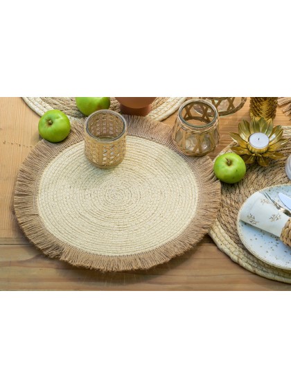 ROUND JUTE PLACEMAT FRINGE - 2 ASS DIA 38CM